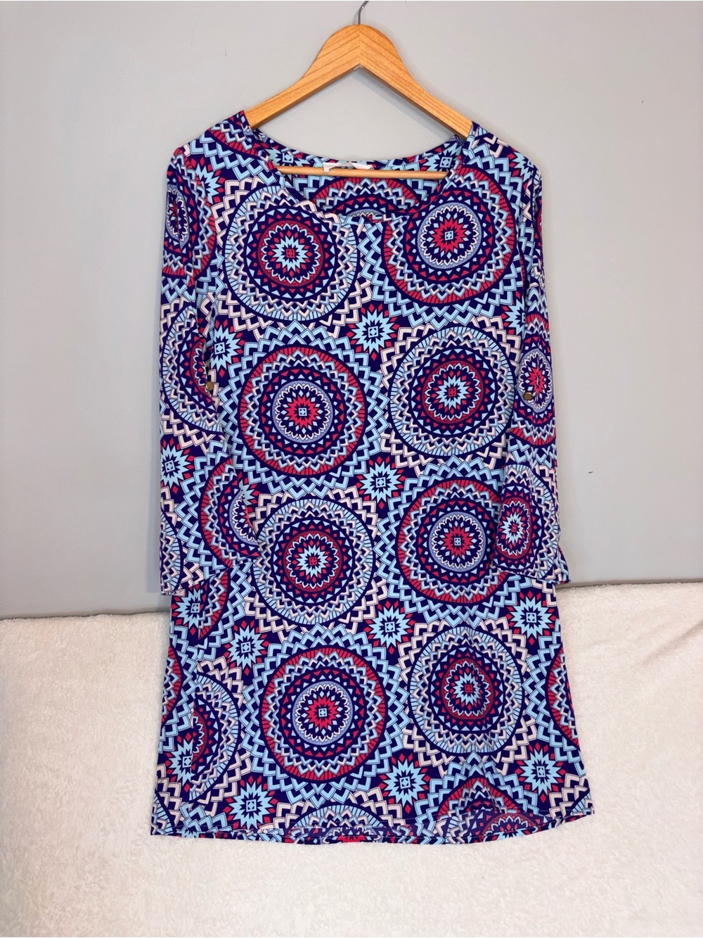 Peace Love Blue & Pink Geometric Medallion Tunic Boho Retro Dress Size Large